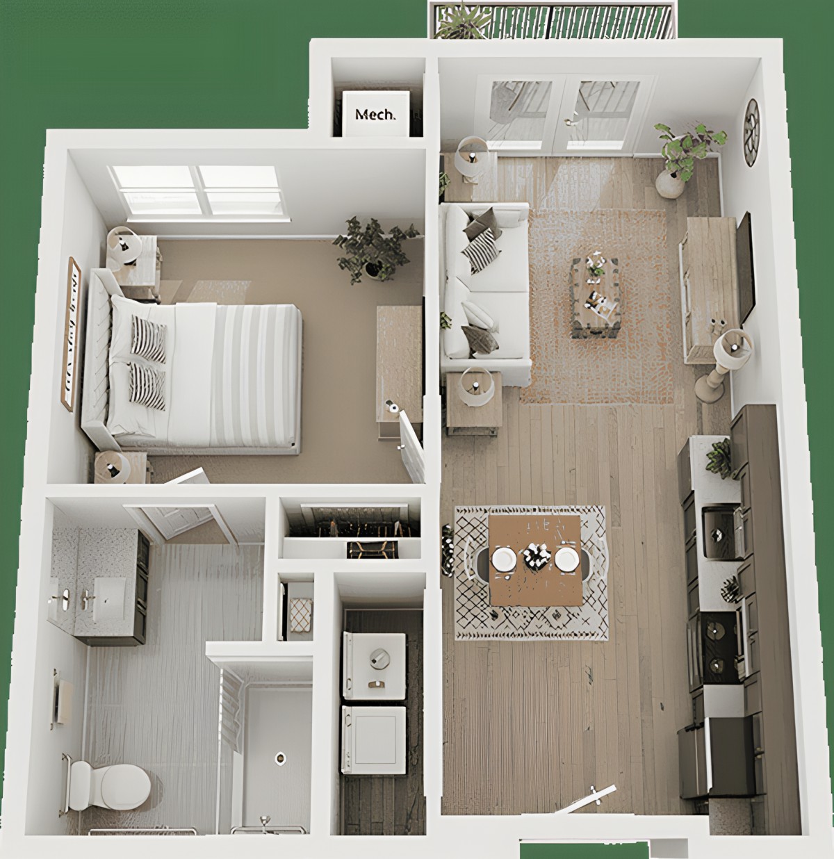 A 3D floor plan of a modern one-bedroom apartment with an open living room and kitchen layout.