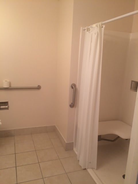 An accessible bathroom with a walk-in shower and safety features.