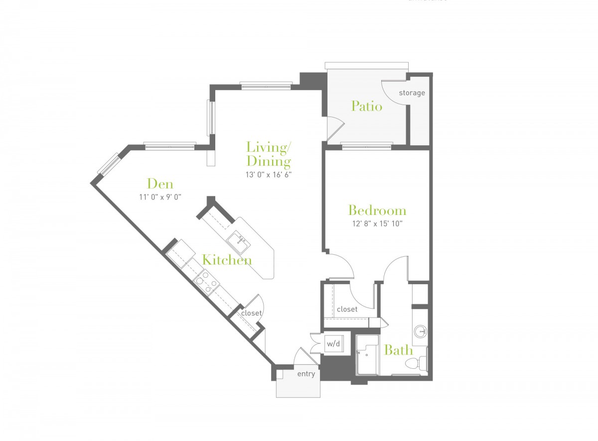 A floor plan showing the layout of an apartment with designated areas for the living room, bedroom, kitchen, and bathroom.