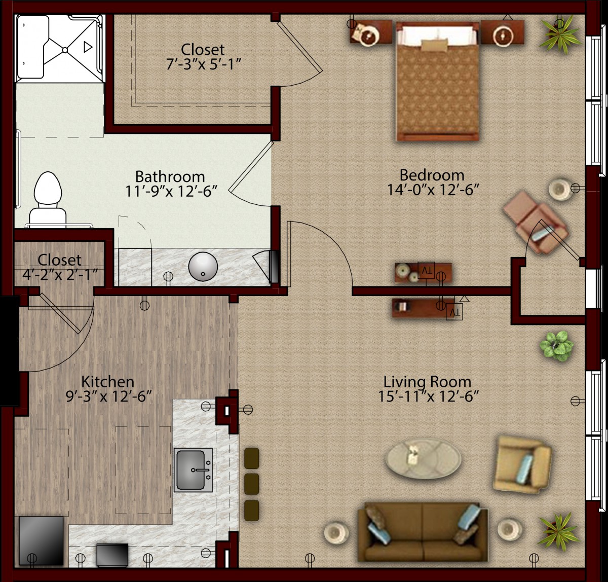A detailed floor plan of a one-bedroom apartment, featuring a living room, kitchen, bathroom, and closet.