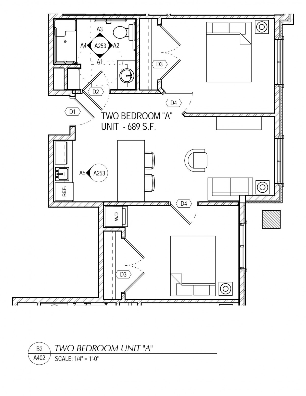 Floor plan of a 650 sq ft two-bedroom apartment.