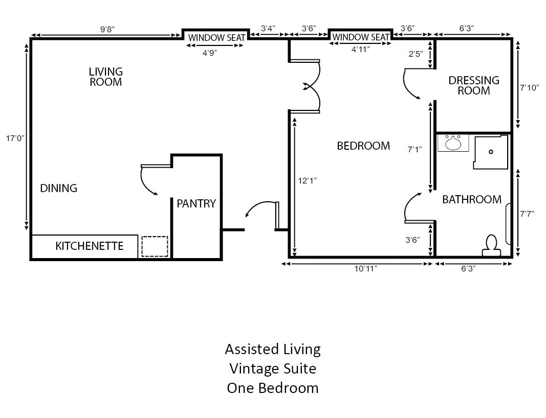 Floor plan of an assisted living vintage suite with one bedroom.