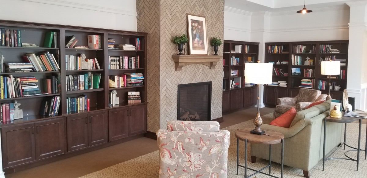 A cozy living room with a fireplace surrounded by bookshelves, an armchair, and a lamp.