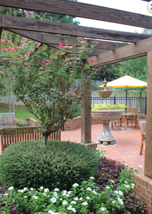 A well-maintained garden patio with a wooden pergola, featuring outdoor seating and vibrant greenery.