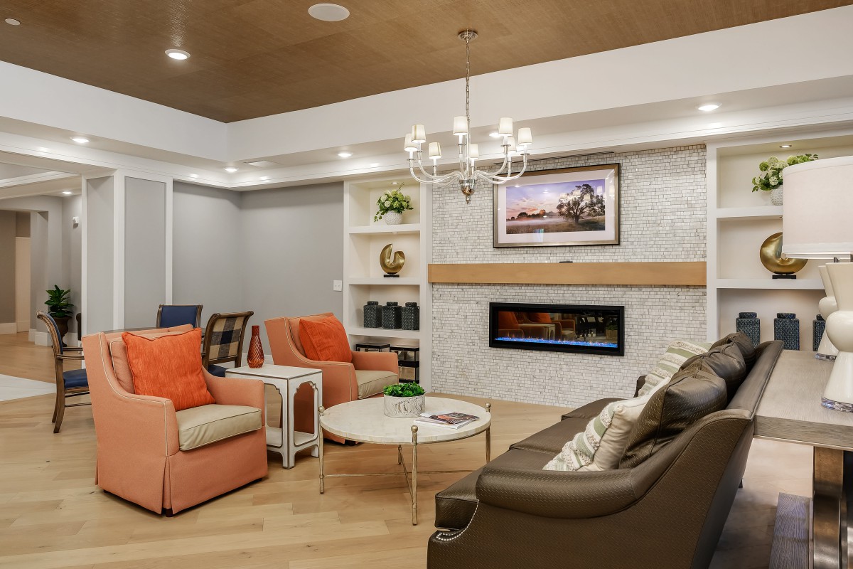 A modern living room featuring comfortable seating, a fireplace, and elegant decor.