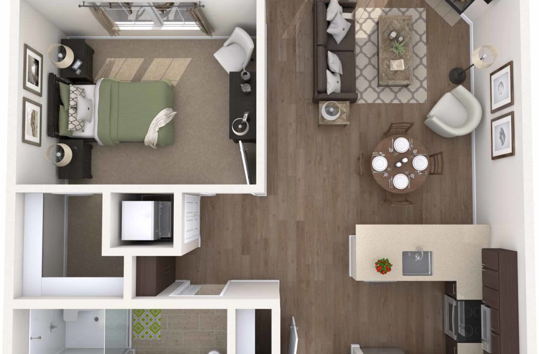 A top-down view of a modern apartment floor plan, showcasing the layout with a living room and bedroom.
