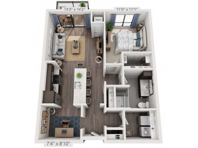 3D floor plan of an apartment featuring an open concept living area, bedroom, and bathroom.
