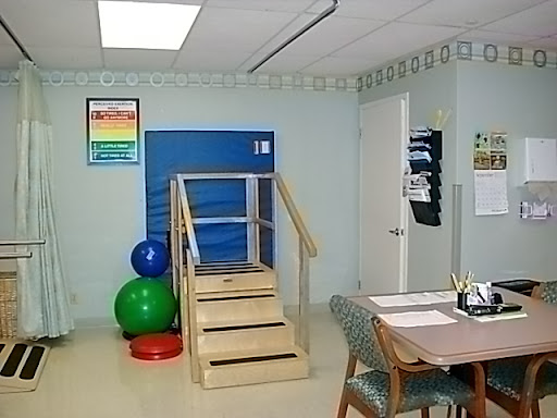 A therapy room equipped with stairs and exercise balls for rehabilitation activities.