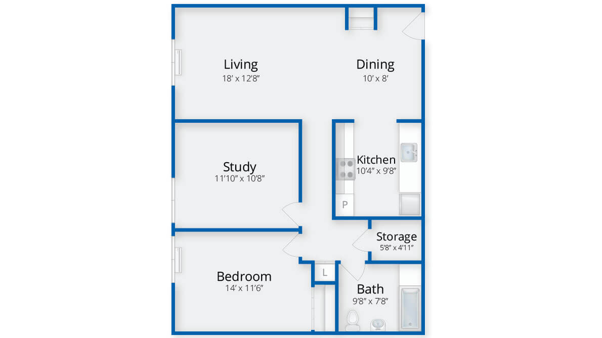A detailed floor plan of an apartment featuring a living room, dining area, study, bedroom, kitchen, bathroom, and storage space.