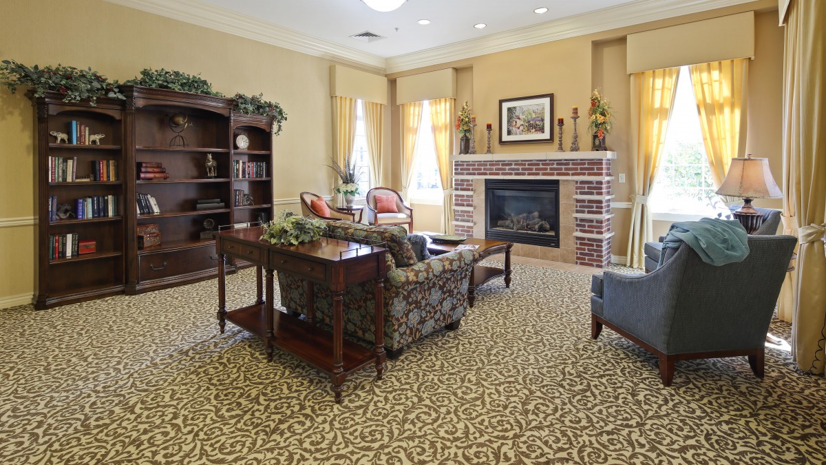 A cozy living room with a fireplace, comfortable seating, and elegant decor.