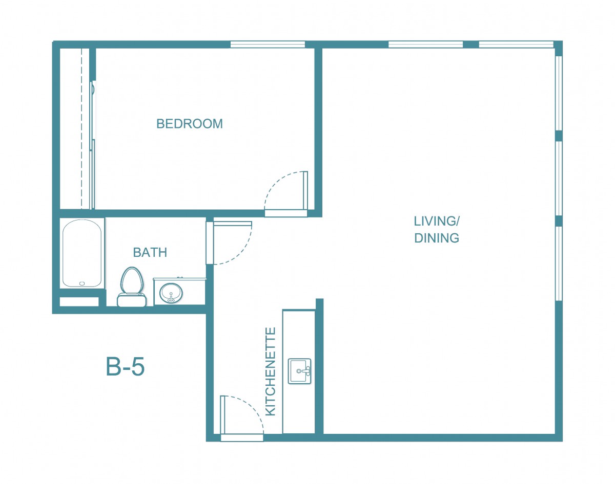 A floor plan of a one-bedroom apartment featuring a living area, kitchenette, and bathroom.