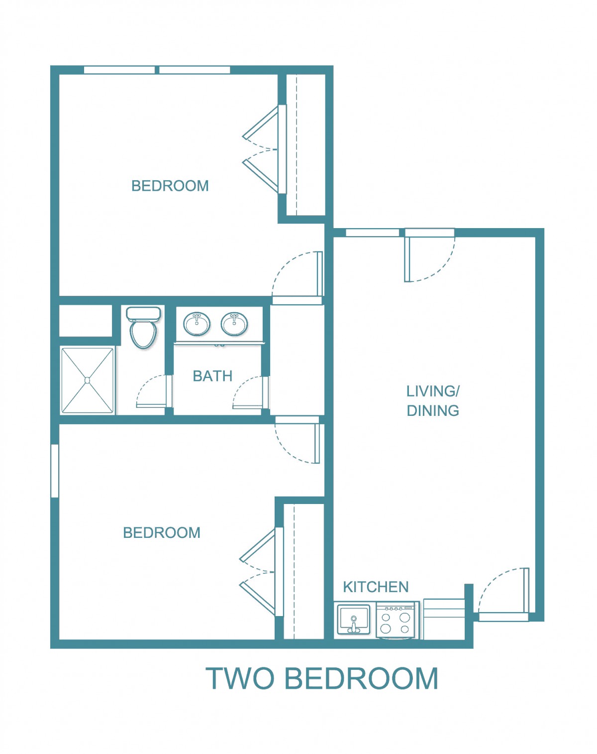 Two-bedroom apartment floor plan with living/dining area and kitchen.