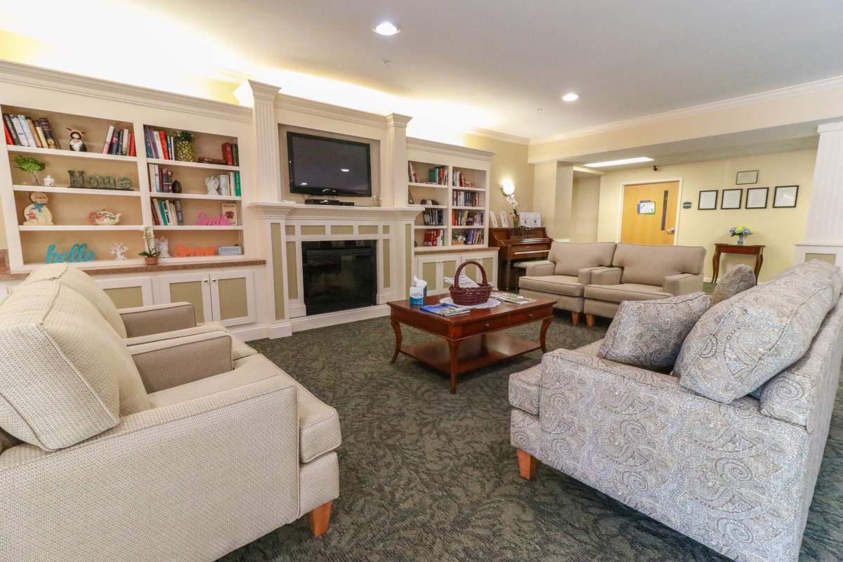 A cozy living room with sofas, a fireplace, and bookshelves.