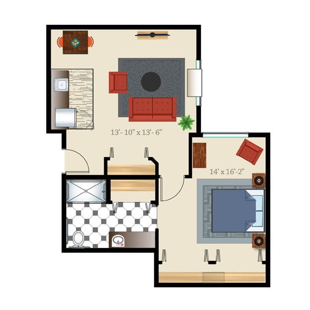 A detailed floor plan of a one-bedroom apartment featuring a living room, kitchen, and bedroom.