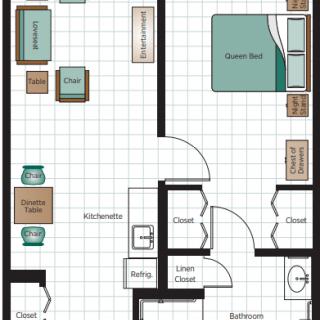 A detailed floor plan of a small apartment featuring a living room, bedroom, kitchen, and bathroom.