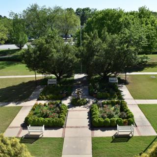 A serene garden with pathways, surrounded by lush trees and benches.