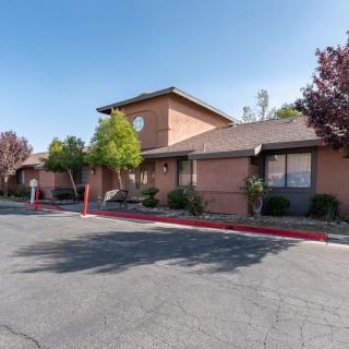 A suburban brick building with trees and a parking lot in front.