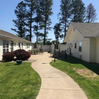 A sunny day with a pathway between two buildings, surrounded by grass and tall trees.