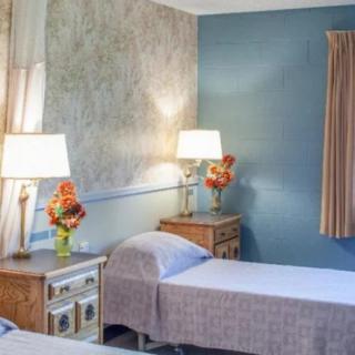 A cozy bedroom with two twin beds, each flanked by nightstands adorned with lamps and vases of flowers.