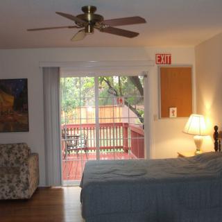 A cozy bedroom with a ceiling fan, bed, and lamp, featuring a sliding glass door opening onto a deck with natural light.