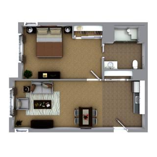 A detailed floor plan of a one-bedroom apartment featuring a kitchen, living room, and bathroom.