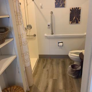 An accessible bathroom with a shower, toilet, and handrails.