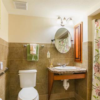A well-lit bathroom featuring a toilet, sink with an oval mirror, and a floral shower curtain.