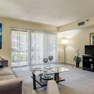 A modern living room with comfortable seating, a glass coffee table, and a TV, complemented by indoor plants for a cozy atmosphere.