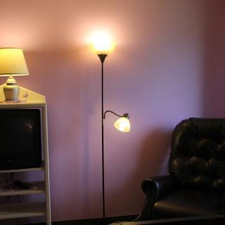 A cozy living room setup featuring a floor lamp, a side table lamp, a TV, and a comfortable sofa against a pink wall.