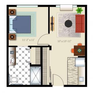 A floor plan of a one-bedroom apartment featuring a living room, kitchen, and bathroom.