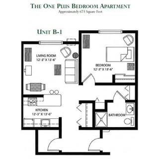 Floor plan of a one-plus-bedroom apartment, identified as Unit B-1.