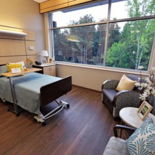 A well-lit hospital room with a bed, chair, and large window providing a view of trees outside.