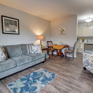 A cozy living room with a sofa, lamp, and dining area connected to the kitchen.