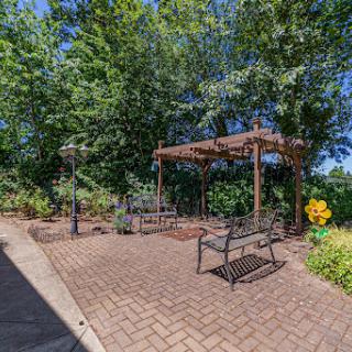 A serene outdoor seating area surrounded by lush greenery, featuring a wooden pergola and benches.