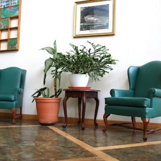A cozy waiting area featuring green armchairs, a small wooden table, and a potted plant.