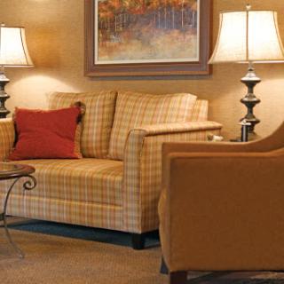 A cozy living room setting featuring a plaid sofa, an armchair, decorative lamps, and a stylish coffee table.