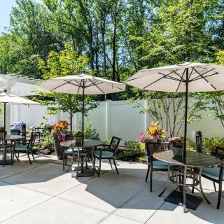 A sunny outdoor patio area with tables, chairs, and umbrellas surrounded by greenery.