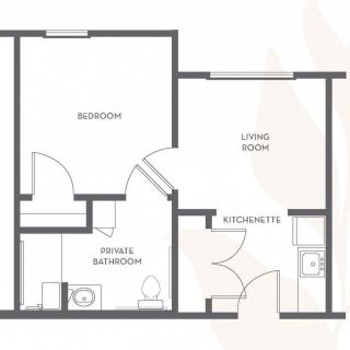 A floor plan of an apartment showing a bedroom, bathroom, living room, and kitchenette.