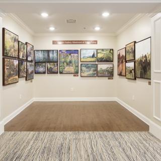 A well-lit art gallery showcasing a collection of framed paintings displayed on white walls.