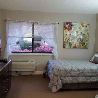 A cozy bedroom with a large window, featuring a bed, dresser, and colorful artwork on the wall.