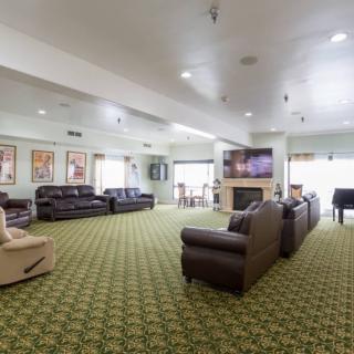 A spacious living room with multiple sofas, a television, and a fireplace, featuring a patterned carpet.
