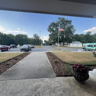 A peaceful street view featuring parked cars, a tree, and an American flag.