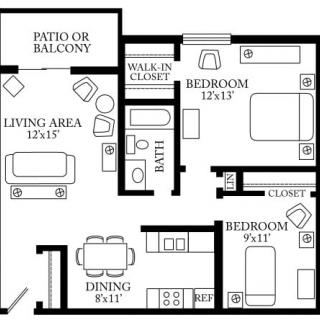 A floor plan of a two-bedroom apartment featuring a living area, dining area, kitchen, bathroom, and patio.