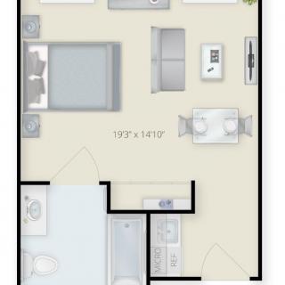 A floor plan of a studio apartment showing the layout and furniture arrangement.