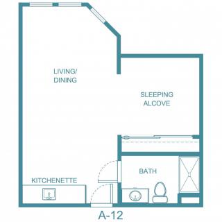 A floor plan of a studio apartment featuring a living/dining area, a sleeping alcove, a kitchenette, and a bathroom.