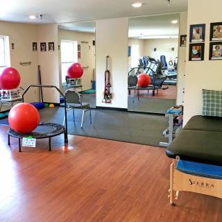 A physical therapy room equipped with exercise equipment and large red therapy balls.
