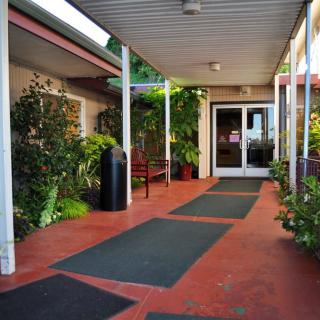 A covered entrance pathway leading to a building with plants along the sides.