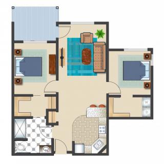 A floor plan of an apartment featuring two bedrooms, a living area, a kitchen, and a bathroom.