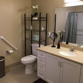 A modern bathroom with a sink, toilet, and shelving for storage.