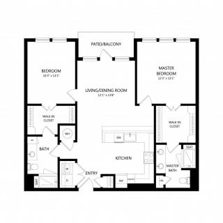 This image shows a floor plan of an apartment with two bedrooms, a living/dining room, kitchen, bathrooms, and a balcony.